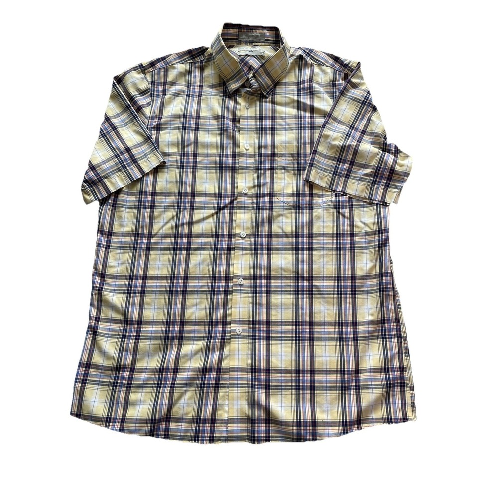 Nordstrom Yellow Plaid Shirt Mens XL Short Sleeve Wrinkle Free Cotton Button Up - Picture 2 of 8